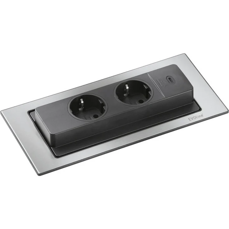 Evoline EVOline BackFlip Einbausteckdose, versenkbare Tischsteckdose mit 2 Schukosteckdosen und 1 USB-C Anschluss, Edelstahlplatte
