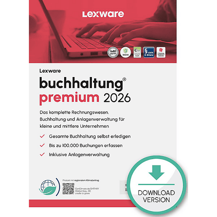 LEXWARE BUCHHALTUNG PREMIUM 2026, Steuersoftware für PC mit Sybase-Hochleistungsdatenbank, Multi-Mandantenfähigkeit und integrierter Anlagenverwaltung
