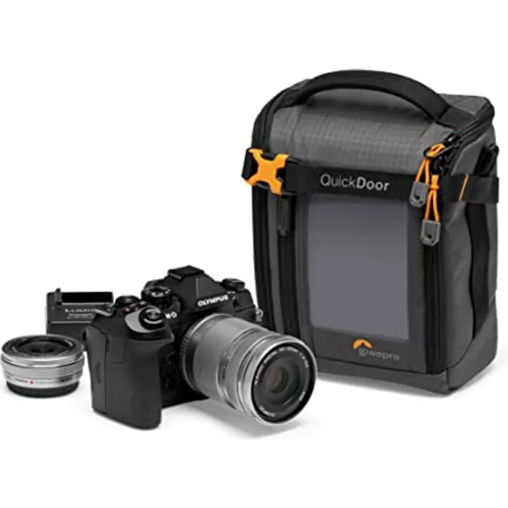 Lowepro GearUp Creator Box Medium II, Spiegellose und DSLR-Kameratasche, Kameratasche mit QuickDoor-Zugang, Hergestellt aus Recyclingmaterial, Orange Gepolsterte Innenfächer, Grau