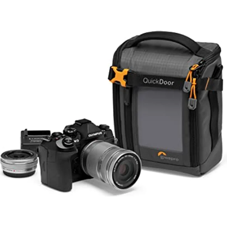 Lowepro GearUp Creator Box Medium II, Spiegellose und DSLR-Kameratasche, Kameratasche mit QuickDoor-Zugang, Hergestellt aus Recyclingmaterial, Orange Gepolsterte Innenfächer, Grau – Bild 1