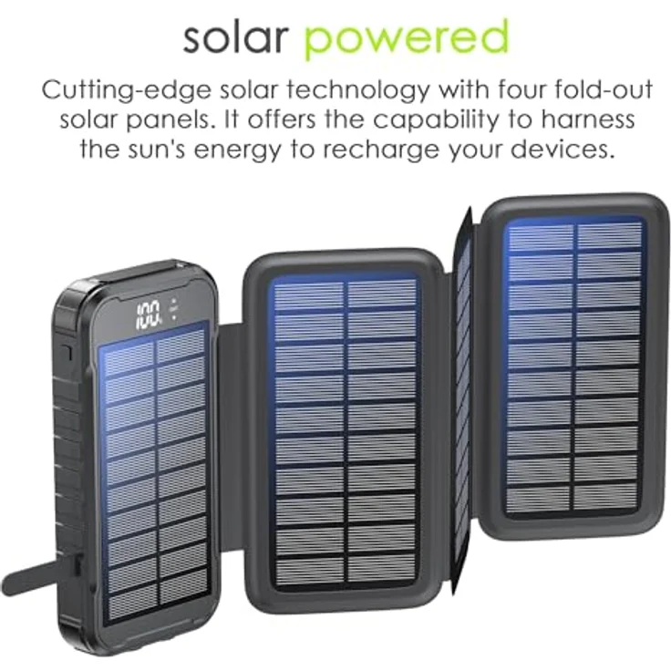 Boompods Neutron 16000mAh Faltbare Solar Powerbank - Tragbares Ladegerät mit Schnellladefunktion, Power Bank mit Solarpanel, 2x USB für Handy und Tablet, Camping-Taschenlampe, Schwarz – Bild 3