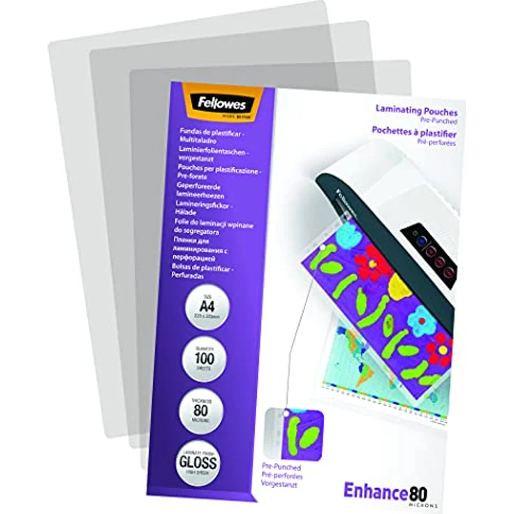 Fellowes Enhance80 Laminierfolien glänzend, A4 80 micron mit Universal-Lochung, 100 St. – Bild 2