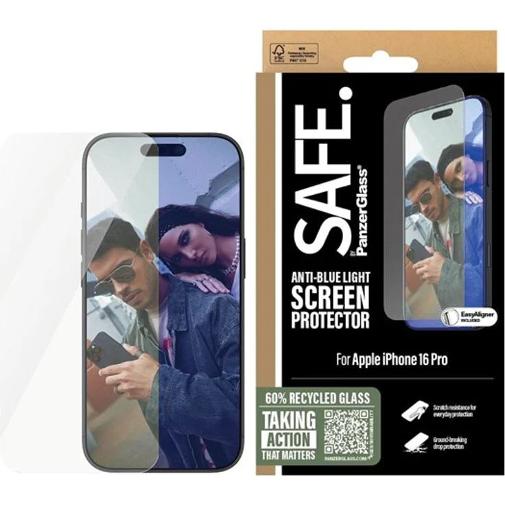 SAFE by PanzerGlass EyeCare Screen Protector für iPhone 16 Pro, Ultra-Wide Fit, 60% recyceltes Glas, kratz- und stoßfest, inklusive EasyAligner, augenschonend