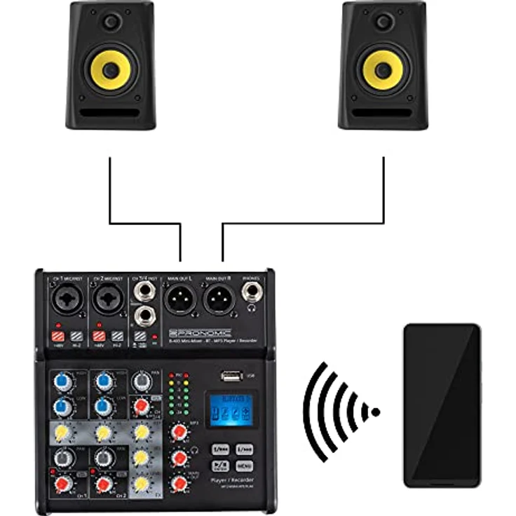 Pronomic B-403 Mini-Mixer mit Bluetooth® und USB-Recording - Kompakter 4-Kanal Mixer - 2 Kanäle mit Combobuchsen, Phantomspeisung und Hi-Z Schalter - USB-Port - Main-Ausgänge im XLR-Format - Schwarz – Bild 5