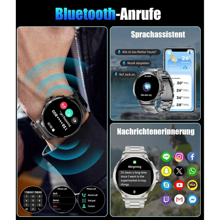 S&T DESIGN Smartwatch 2024, Fitness Tracker mit 1,85" AMOLED-Display, Bluetooth-Anrufen, GPS-Tracking, IP67, für Herren