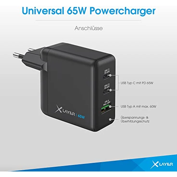 XLayer Powercharger 65W USB C Typ Schnellladegerät Schwarz 3-Port Netzteil GAN Technologie - Fast Charger Adapter Kompatibel mit MacBook/Pro/Air, iPhone, iPad, Galaxy, Huawei, Xiaomi, Lenovo, Dell – Bild 3
