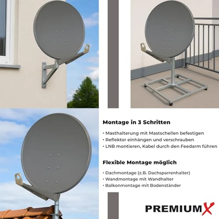PremiumX DELUXE100 Satellitenantenne, 100 cm Aluminium Anthrazit, hohe Empfangsqualität mit 40,3 dB Gewinn und Multifeed geeignet – Bild 4