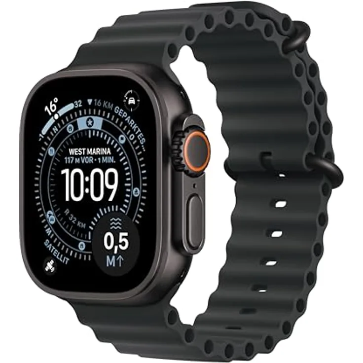 Apple Watch Ultra 3 GPS + Cellular, 49mm, Titangehäuse Schwarz, Ocean Band Schwarz - One Size