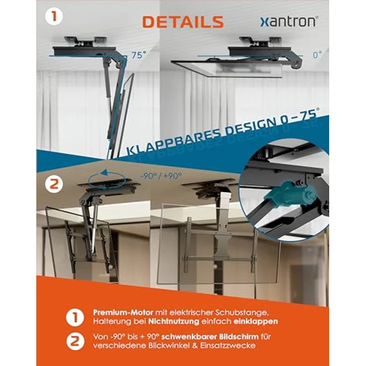 Xantron DEHA-800EXL-Roto, Elektrische motorisierte WiFi Deckenhalterung, klappbar und drehbar für TV Monitore 43 - 86", mattschwarz, VESA-kompatibel – Bild 4