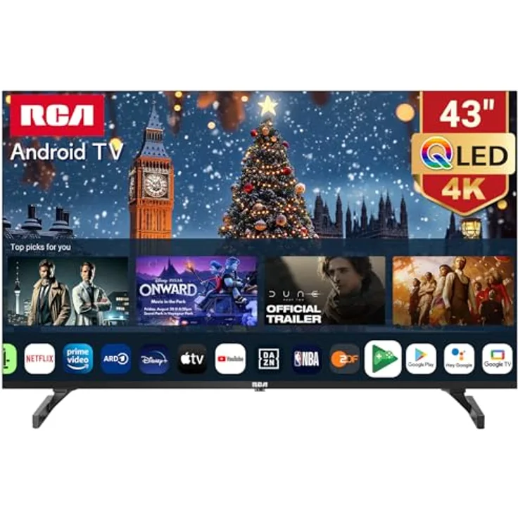 RCA QLED Smart TV 43 Zoll UHD 4K HDR Android TV mit WiFi Bluetooth HDMI Triple Tuner YouTube Netflix Prime Video VEVO Disney+ - Schwarz