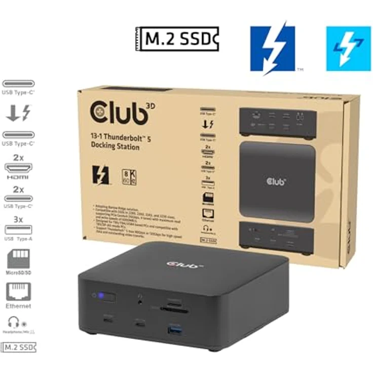 Club 3D Thunderbolt 5 Dockingstation 13-in-1 mit M.2 SSD Slot, 2x HDMI und 140W Power Delivery – Bild 3
