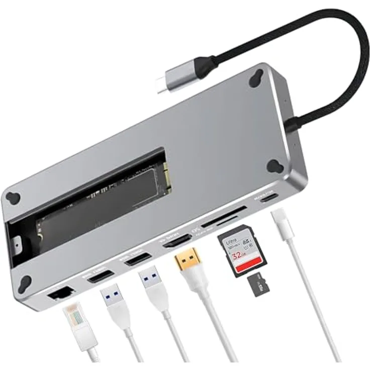 Reagle 10-in-1 USB-C Hub mit M.2 SSD-Gehäuse, 4K@60Hz HDMI, 100W PD, 10Gbps USB 3.2 Gen 2, RJ45 Gigabit Ethernet, SD/microSD Kartenleser – Aluminiumgehäuse, kompatibel mit Windows, MacOS, Android, NVMe/SATA NGFF SSDs