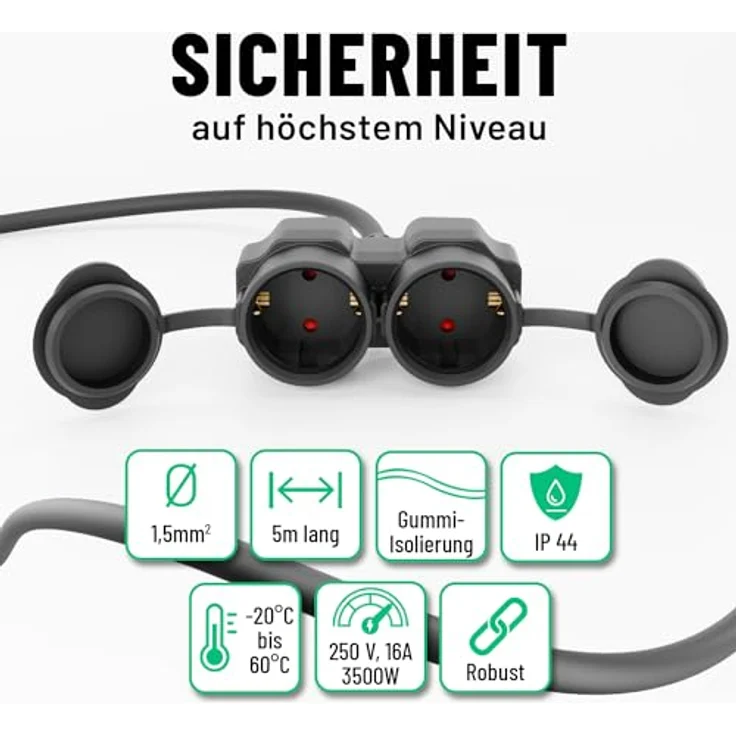 greate 2fach Verlängerungskabel außen 5 Meter - Wasserdicht IP44 - 3500W - Schwarz – Bild 5