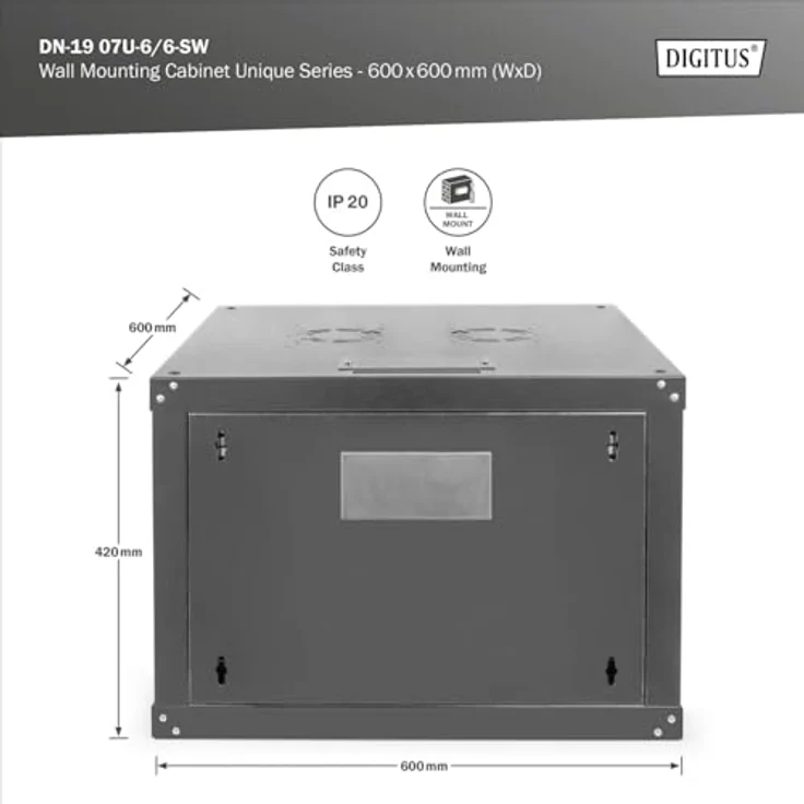 DIGITUS Netzwerk-Schrank 19 zoll 7 HE - Wandmontage - 600 mm Tiefe - Traglast 100 kg - Unique Serie - Glastür - Schwarz - Preisvergleich – Bild 4