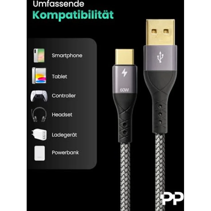 Profipatch USB A auf USB C Kabel 60W Quick Charge, 2x1m grau Textilmantel mit vergoldeten Kontakten – Bild 6