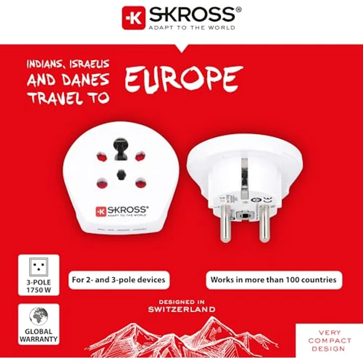 Skross 1.500217-E Reiseadapter India Israel Denmark to Europe, Schutzkontaktstecker weiß – Bild 3