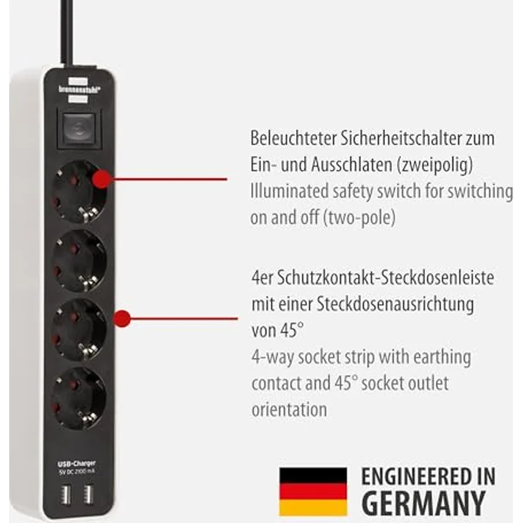 Brennenstuhl Ecolor Steckdosenleiste 4-fach mit USB-Ladebuchse (Steckerleiste mit 2x USB Charger, Schalter und 1,5m Kabel) weiß-schwarz – Bild 2