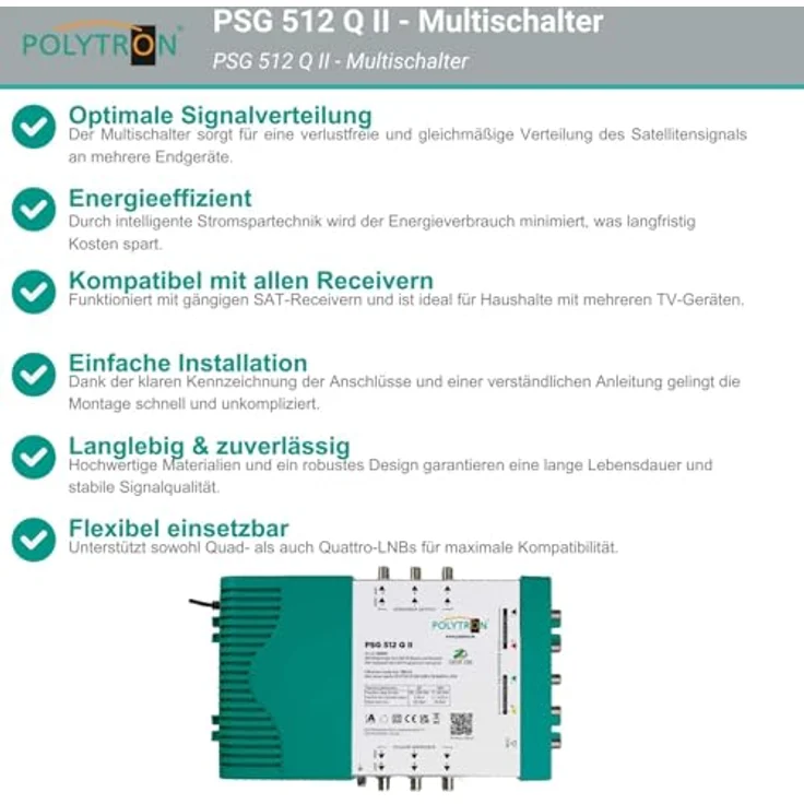 Polytron PSG 512 Q II, Multischalter für 1 Satellit und bis zu 12 Teilnehmer, 4 SAT und 1 terrestrischer Eingang – Bild 4