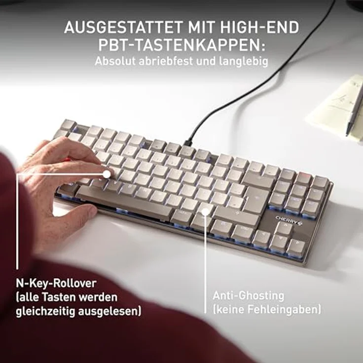 CHERRY KC 500 MX LP TKL, Mechanische Low-Profile-Tastatur ohne Nummernblock, Deutsches Layout (QWERTZ), Kabelgebunden (USB-A), 10-stufige weiße Beleuchtung, Graue PBT-Tastenkappen, MX LP 2.0 Ivory Switches – Bild 5