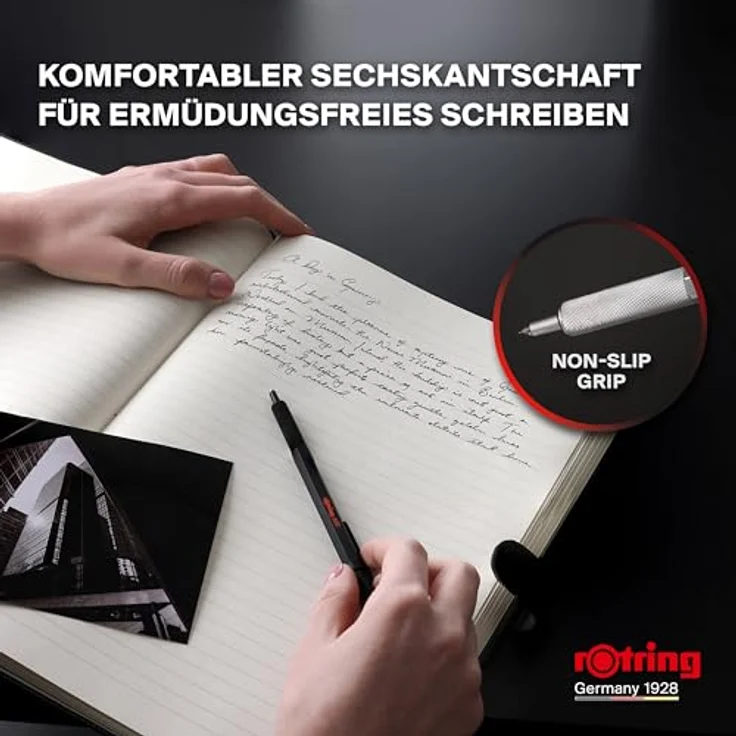 rOtring 600 Gelschreiber, 0,55 mm, nachfüllbar, schwarze Tinte, Silberfarben, Metallschaft, rutschfeste Griffzone, Sechskantschaft – Bild 4