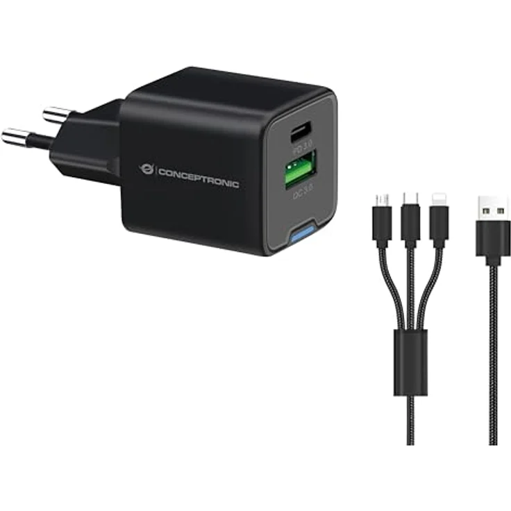 Conceptronic Ladegerät 2Port 33W 1xUSB-C 1xUSB-A+3-in-1 sw, Handy-Ladegerät mit vielseitigen Anschlüssen – Bild 1