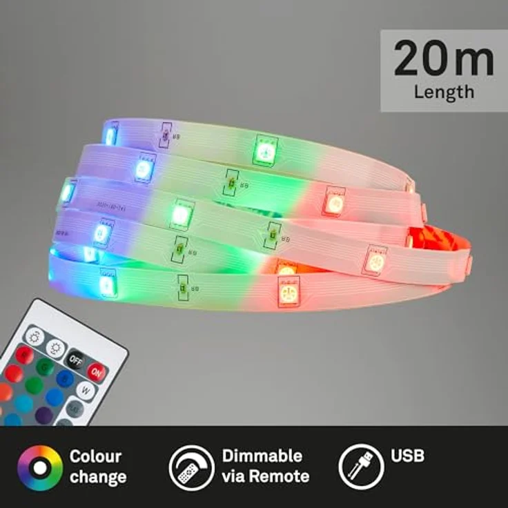 BRILONER LED Strip 20m mit Fernbedienung, RGB Lichtfarben, selbstklebend, Weiß – Bild 2