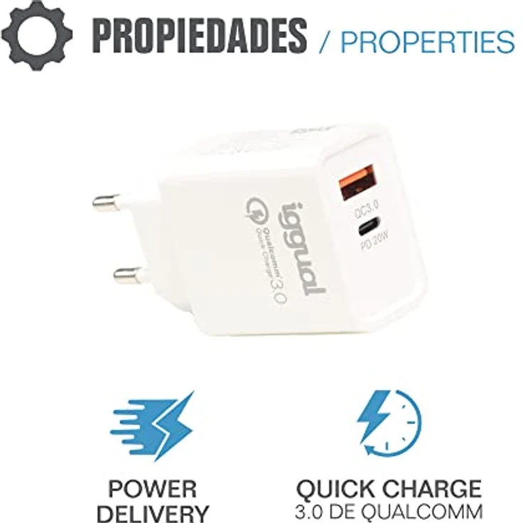 iggual Cargador Doble USB QC3.0 + Tipo C PD 20 W, Hochwertiges Handy-Ladegerät mit 2 Jahren Garantie gegen Fabrikfehler – Bild 5