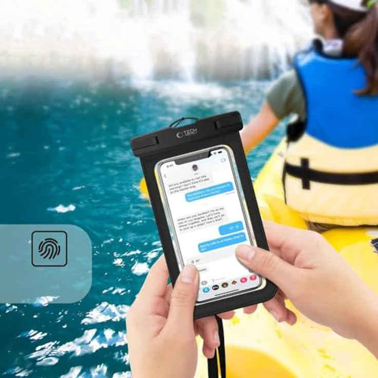 TechProtect Universelle Wasserdichte Handyhülle IPX8, Orange-Schwarz für Geräte bis 6,9 Zoll mit Umhängeband – Bild 2