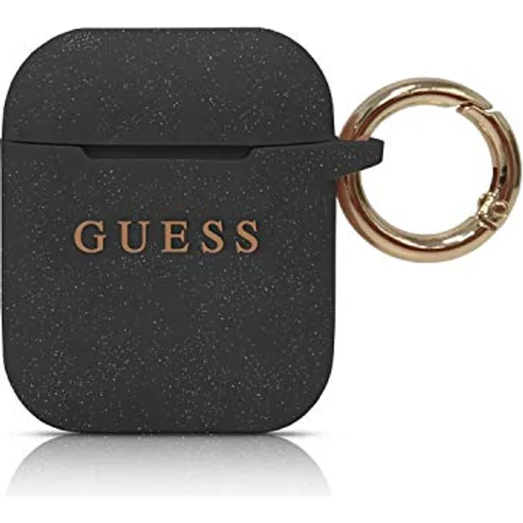Guess GUACCSILGLBK Cover Silikon Kollektion für Apple Airpods 1 & 2, Schwarz - Hochwertiges Silikon, abnehmbarer Haken, kratzfest