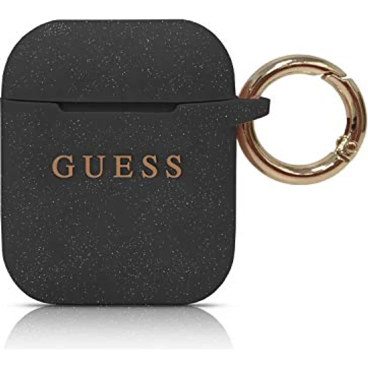 Guess GUACCSILGLBK Cover Silikon Kollektion für Apple Airpods 1 & 2, Schwarz - Hochwertiges Silikon, abnehmbarer Haken, kratzfest – Bild 1