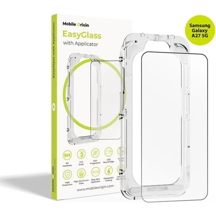 Mobile Origin EasyGlass Displayschutzglas mit Applikator für Samsung Galaxy A27 5G, 9H-Härte, hydrophobe oleophobe Beschichtung, blasenfreier Montageprozess