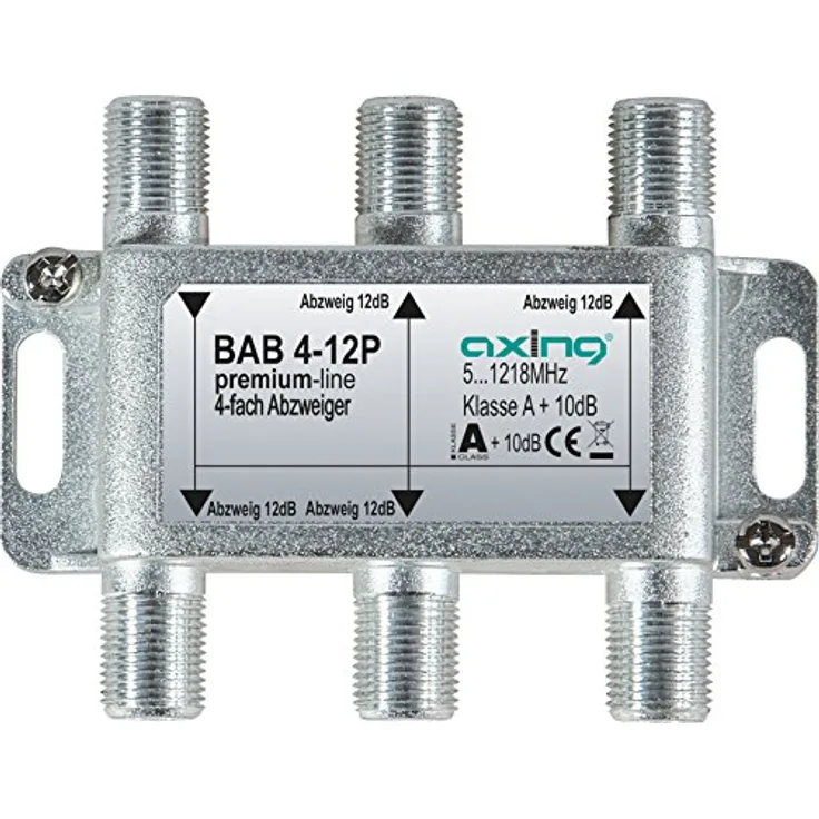 Axing BAB 4-12P 4-fach Abzweiger 12dB Kabelfernsehen CATV Multimedia DVB-T2 Klasse A+, 10dB, 5-1218 MHz metall
