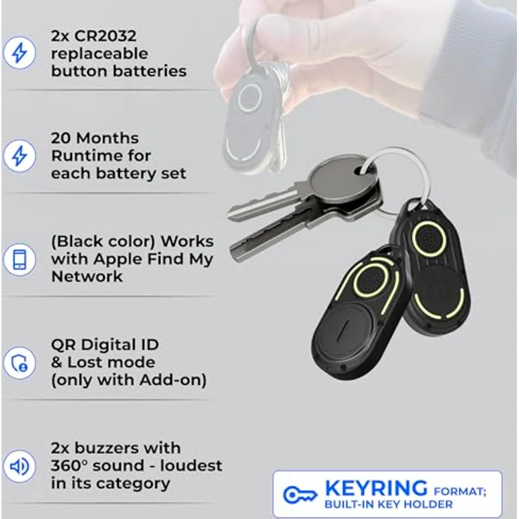 Rolling Square AirNotch Pro, Bluetooth Tracker mit Apple Find My Kompatibilität, 360° Sound, Austauschbare Batterien, Wasserdicht, Leuchtend, Schwarz – Bild 2