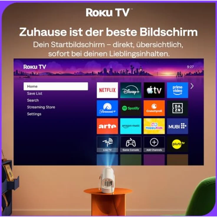 Aurzen E1R Smart Mini Beamer, tragbarer Beamer mit Roku TV, WLAN, Bluetooth, 180°-Drehung und automatischer Trapezkorrektur – Bild 2