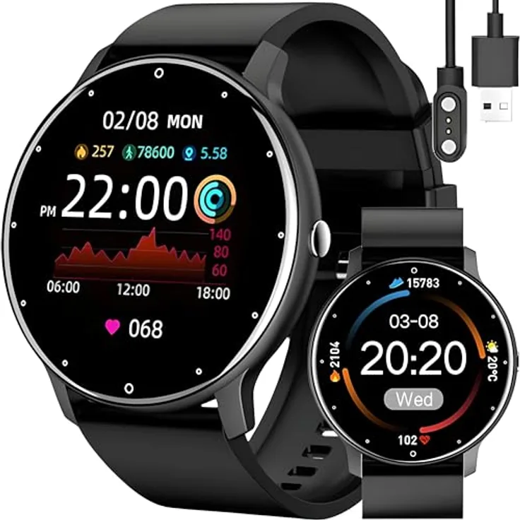 Retoo Smartwatch ZL02 45mm Schwarz, Touchscreen Sport Band Fitness Armband, Call Android iOS, Herren Damen