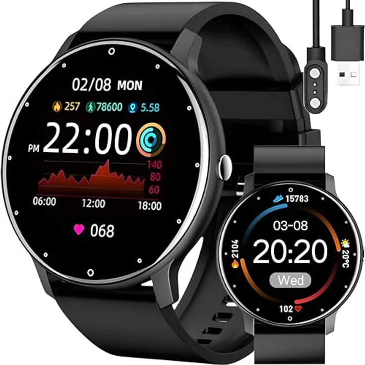 Retoo Smartwatch ZL02 45mm Schwarz, Touchscreen Sport Band Fitness Armband, Call Android iOS, Herren Damen – Bild 1
