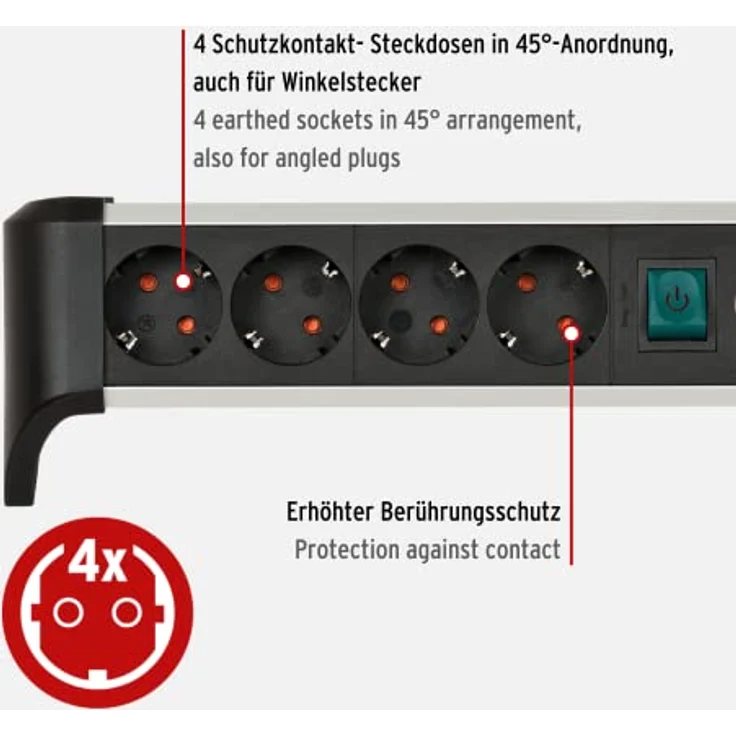 Brennenstuhl Alu-Office-Line Steckdosenleiste 4-Fach/Steckerleiste aus Aluminium für den Schreibtisch (Mehrfachsteckdose mit Schalter und 1,8m Kabel) – Bild 3