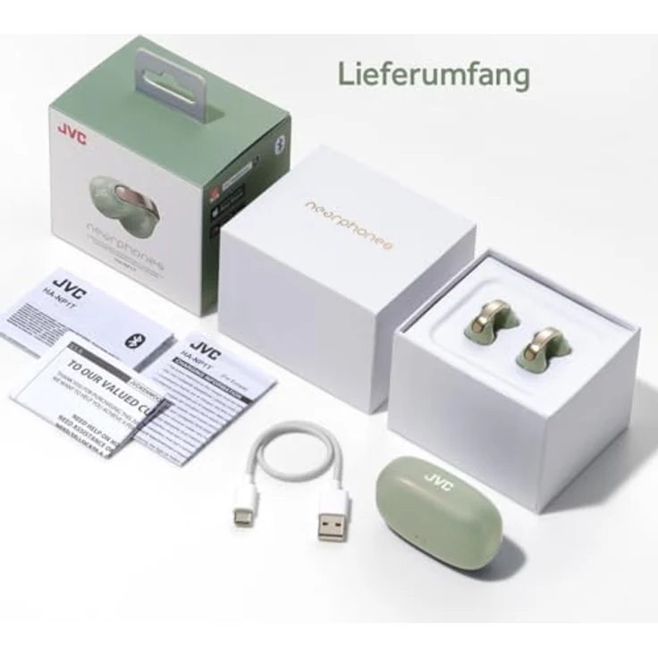 JVC Nearphones HA-NP1T-GN, kabellose In-Ear Ohrhörer im Earcuff-Design mit Bluetooth 5.3, IPX4 Spritzwasserschutz, 24 Stunden Wiedergabezeit, grün Perlmutt-Opt – Bild 7