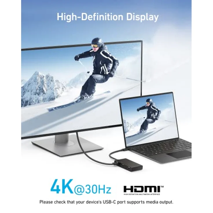 Anker USB-C Hub, 332 USB-C Hub (5-in-1, 4K HDMI) mit 100W Power Delivery, 4K@30Hz HDMI Display, 5Gbps USB-C und USB-A Datenanschlüsse für MacBook, iPad, Lenovo, Dell, HP Laptops, und mehr (Schwarz) – Bild 4