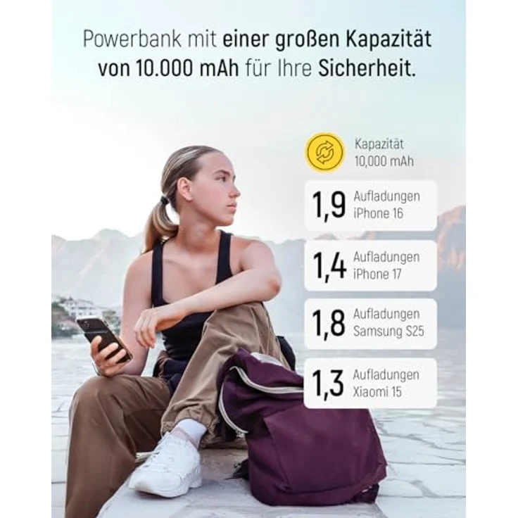 Wozinsky WLWP-10KA0Y3S Powerbank, 10000 mAh, 22,5W PD, Qi2, mit Ständer, Schwarz, 1x USB-A, 1x USB-C – Bild 7