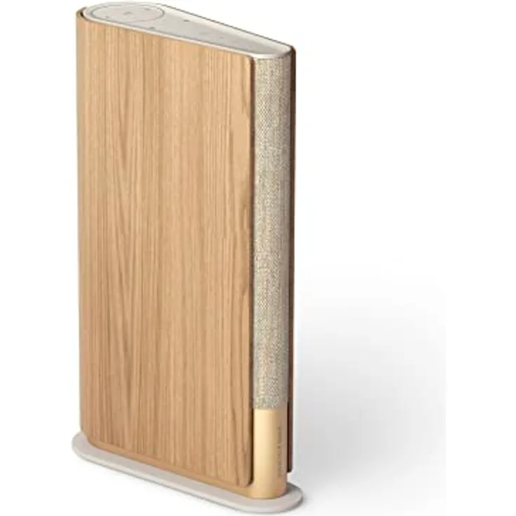 Bang & Olufsen Beosound Emerge - Kompakter schlanker kabelloser Heim-Lautsprecher für das Regal mit Bluetooth, WiFi und Active Room Compensation - Gold Tone/Light Oak