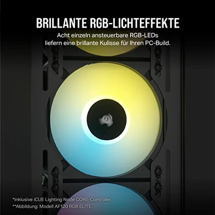 Corsair iCUE AF120 RGB ELITE 120mm PWM Dreifach-Lüfter-Kit - Acht RGB-LEDs Pro Lüfter - AirGuide-Technologie - Fluiddynamisches Lager - Inklusive iCUE Lighting Node CORE Controller - Schwarz – Bild 4