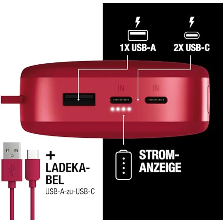 Fresh 'n Rebel 24000mAh Powerbank, USB-C in & Out, 20W Ultra Fast Charge, 6 Sicherheitsfunktionen, bis zu 8 Handy-Ladungen, 4 Power-Anzeigeleuchten, Berry Red – Bild 4