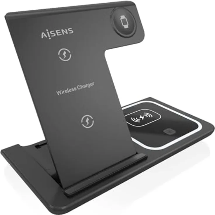 AISENS 3-in-1 Kabelloses USB-C-Ladegerät, 15 W für Apple Watch mit Ladehülle, Weiß, faltbar und kompatibel mit Handyhüllen bis 3 mm