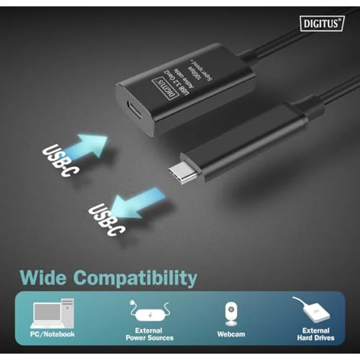 DIGITUS Aktives USB Verlängerungskabel - USB-C Buchse zu USB-C Stecker - 5 m - USB 3.2 Gen2-10 Gbit/s - Plug & Play - mit Signalverstärker - Schwarz – Bild 3