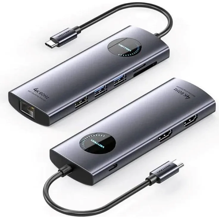 Vention 9-in-1-Dockingstation MST USB-C, 4K, dual HDMI-Ausgänge, 100 W PD, RJ45, SD-Kartenleser, grau