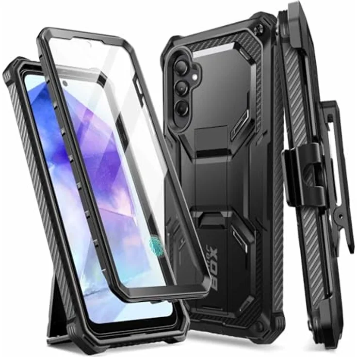 i-Blason Armorbox Hülle für Samsung Galaxy A55, 360 Grad Outdoor Bumper Case mit integriertem Displayschutz, Ständer und Gürtelclip, Schwarz
