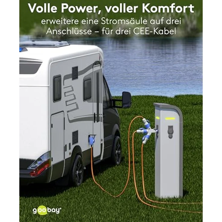 goobay CEE-Adapter 76237, CEE-Stecker auf 3 x CEE-Buchse, wasserdicht IP44, tragbar mit Schutzabdeckung für Wohnwagen und Wohnmobile – Bild 3