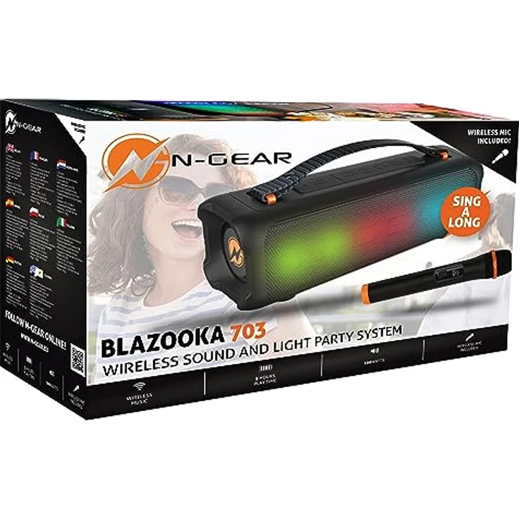 N-Gear Blazooka 703 Schwarz - Tragbarer, kabelloser Bluetooth Lautsprecher mit Mikrofon und Disco Licht - 100 Watt Musikbox, 5 Stunden Spielzeit – Bild 5