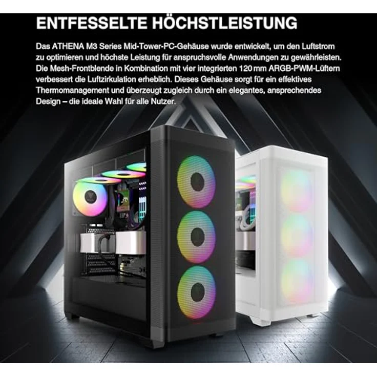 Gamdias Athena M3 GAMING Miditower, E-ATX PC Gehäuse in Schwarz mit 4x120mm ARGB Lüftern und Tempered Glass – Bild 2